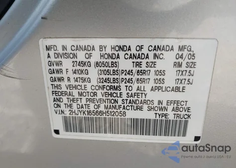 2006 Honda Ridgeline Rtl z USA, uszkodzony, nr VIN 2HJYK16566H512058